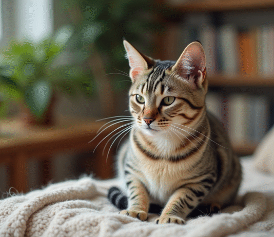 Chat domestique enceinte posant sur un coussin douillet