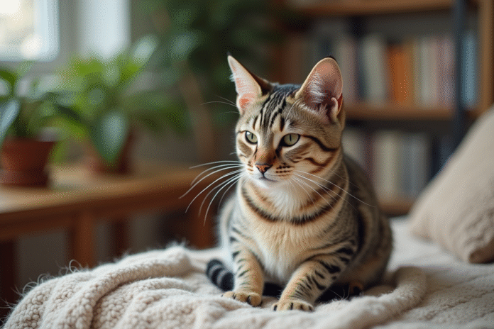 chat-enceinte-domicile Chat domestique enceinte posant sur un coussin douillet