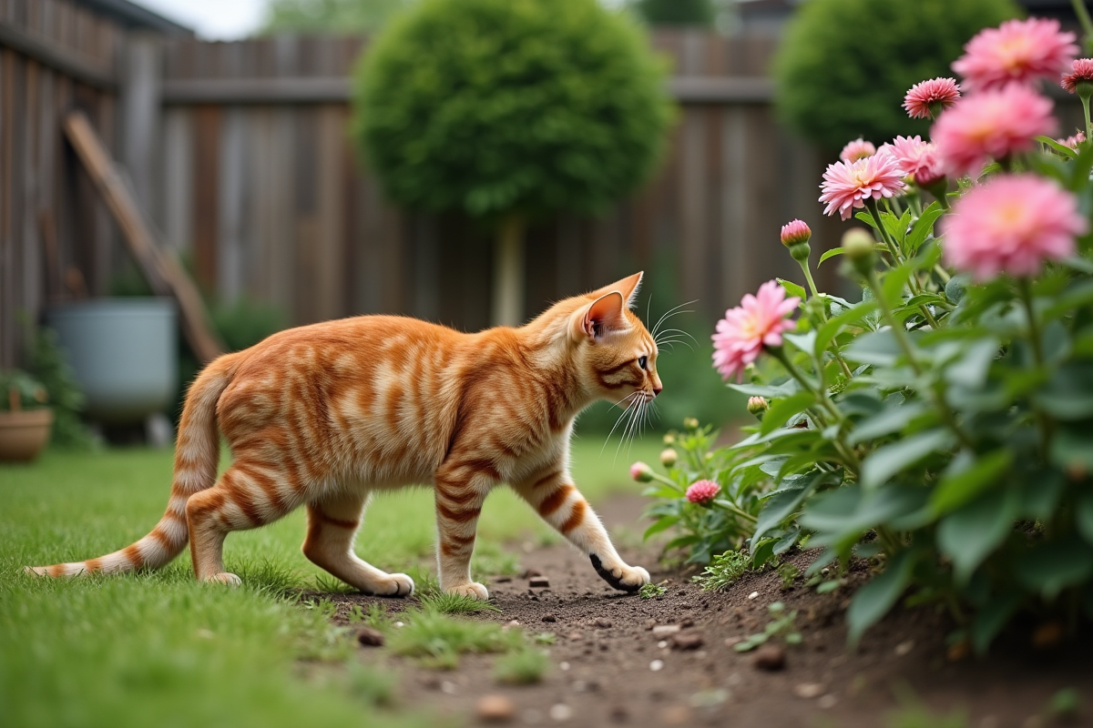 Chat roux enceinte explorant un jardin fleuri