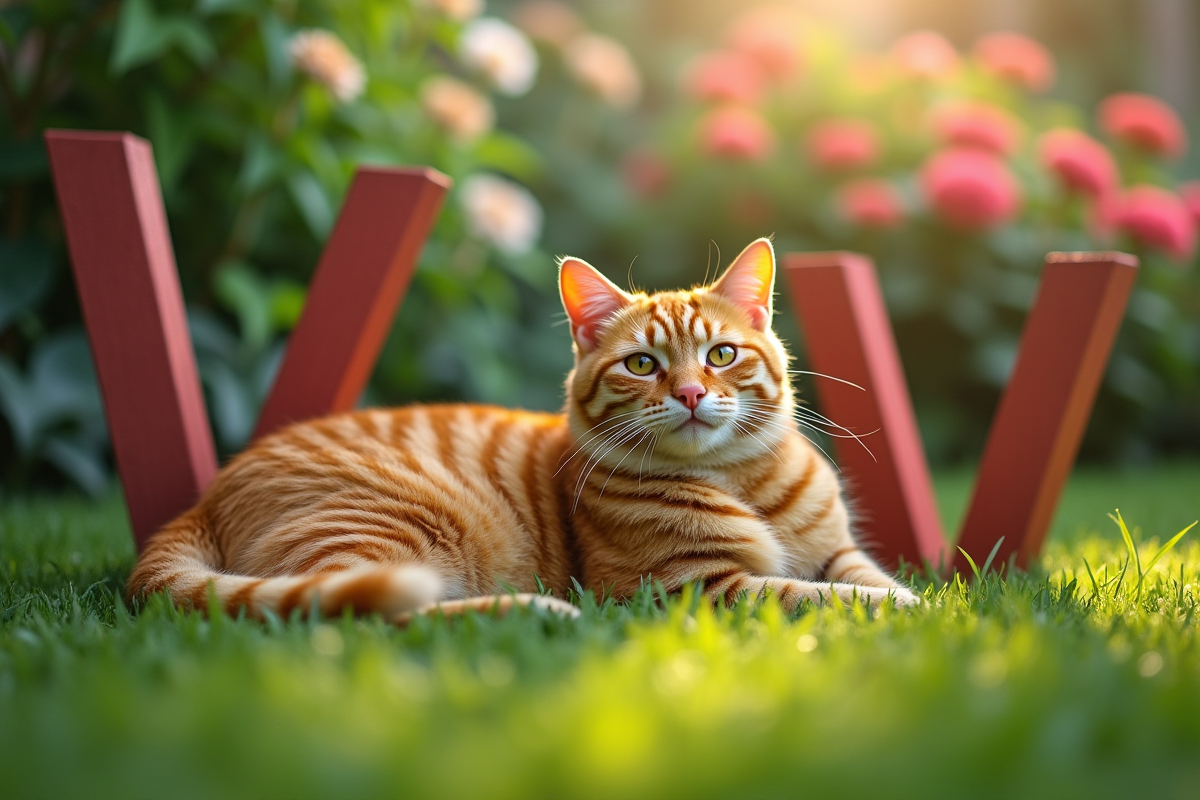 Chat roux dans un jardin avec lettres en bois et fleurs colorées