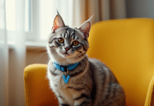 Chat gris assis sur une chaise jaune près d'une fenêtre
