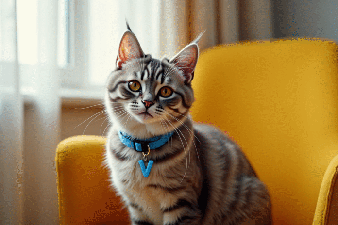 Chat gris assis sur une chaise jaune près d'une fenêtre