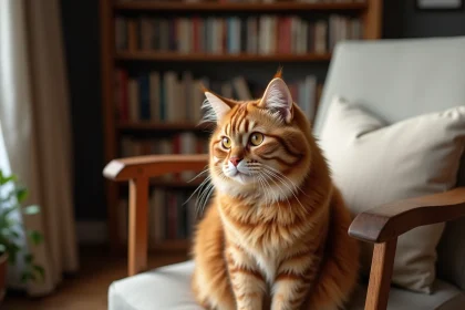 Chat Highlander aux oreilles recourbées assis sur un fauteuil en bois dans un appartement cosy, regard vif et fourrure tabby détaillée