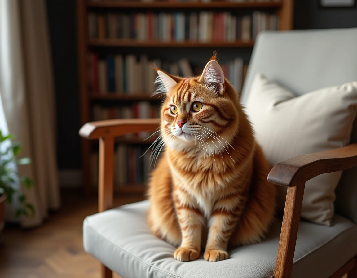 Chat Highlander aux oreilles recourbées assis sur un fauteuil en bois dans un appartement cosy, regard vif et fourrure tabby détaillée