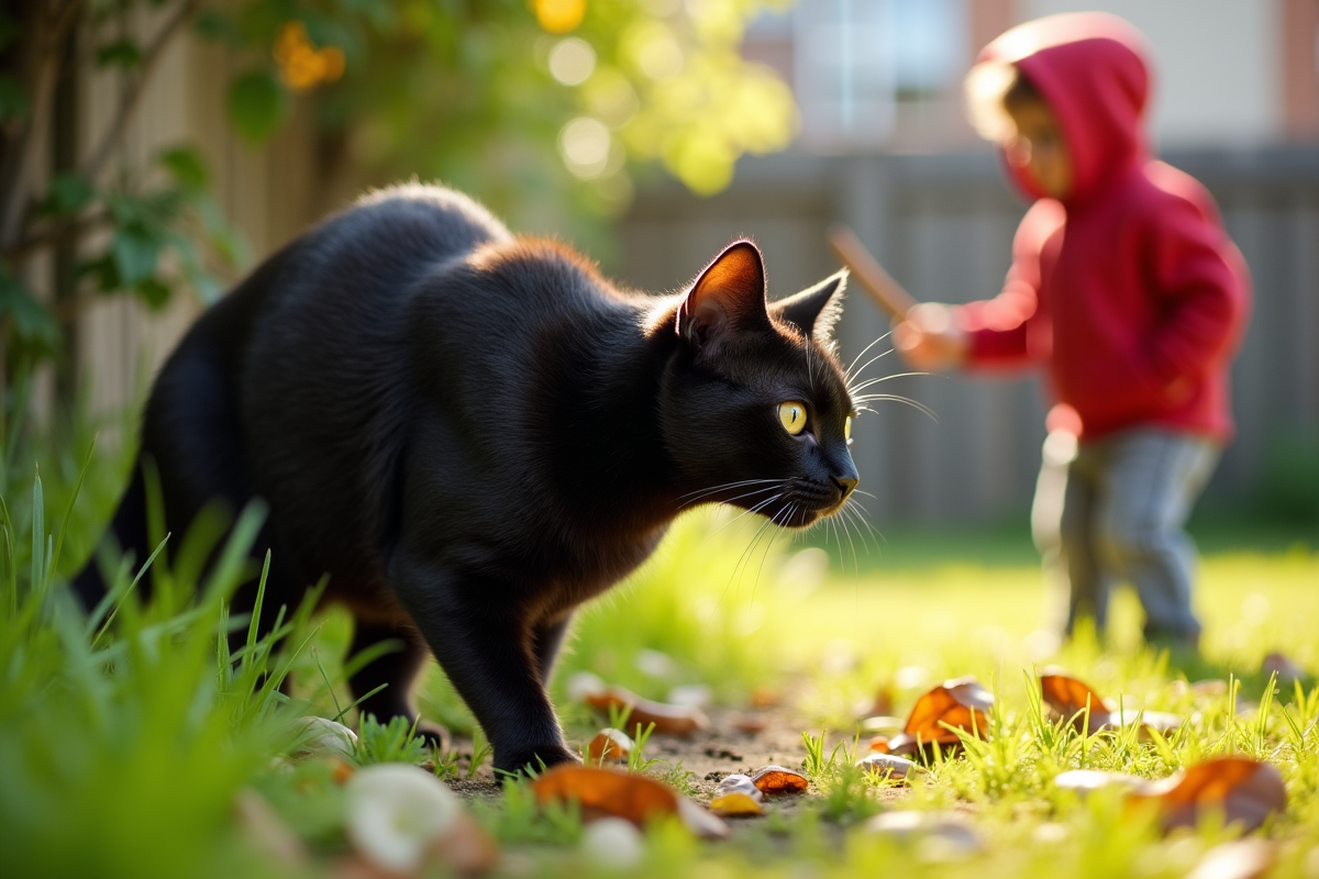Chat noir dans le jardin avec un enfant jouant avec un bâton