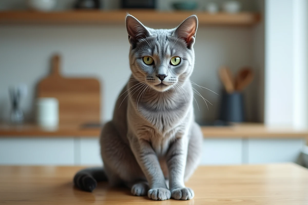 Chat Korat adulte aux yeux verts et à la robe bleu argenté assis sur une table en bois dans une cuisine moderne