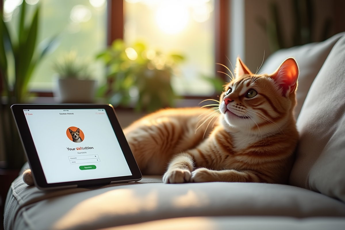 Chat heureux sur le canapé avec une application d