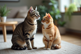 Chat mâle mature assis avec une chatte dans un salon paisible