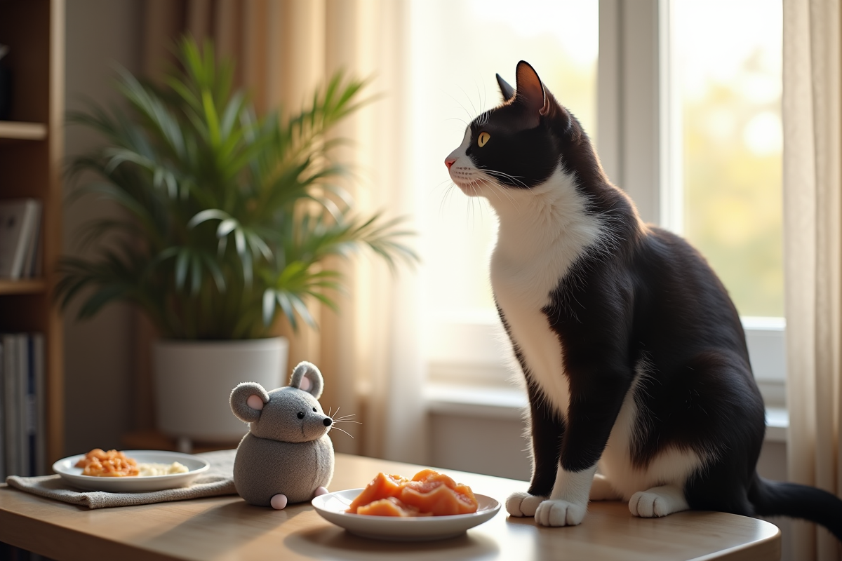 Chat noir et blanc regardant par la fenêtre lumineuse