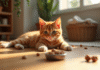 Chat orange étiré sur un sol en bois ensoleillé