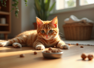 Choses préférées d’un chat : aliments, jouets et habitudes à connaître ! Chat orange étiré sur un sol en bois ensoleillé