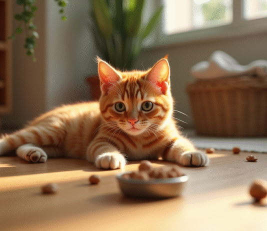 Chat orange étiré sur un sol en bois ensoleillé