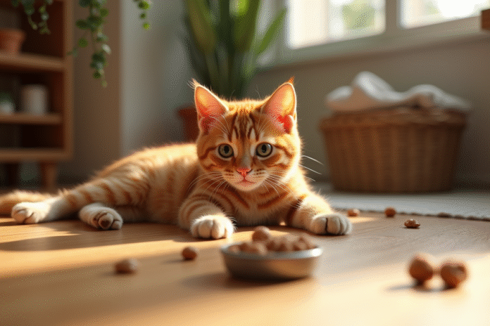 Chat orange étiré sur un sol en bois ensoleillé