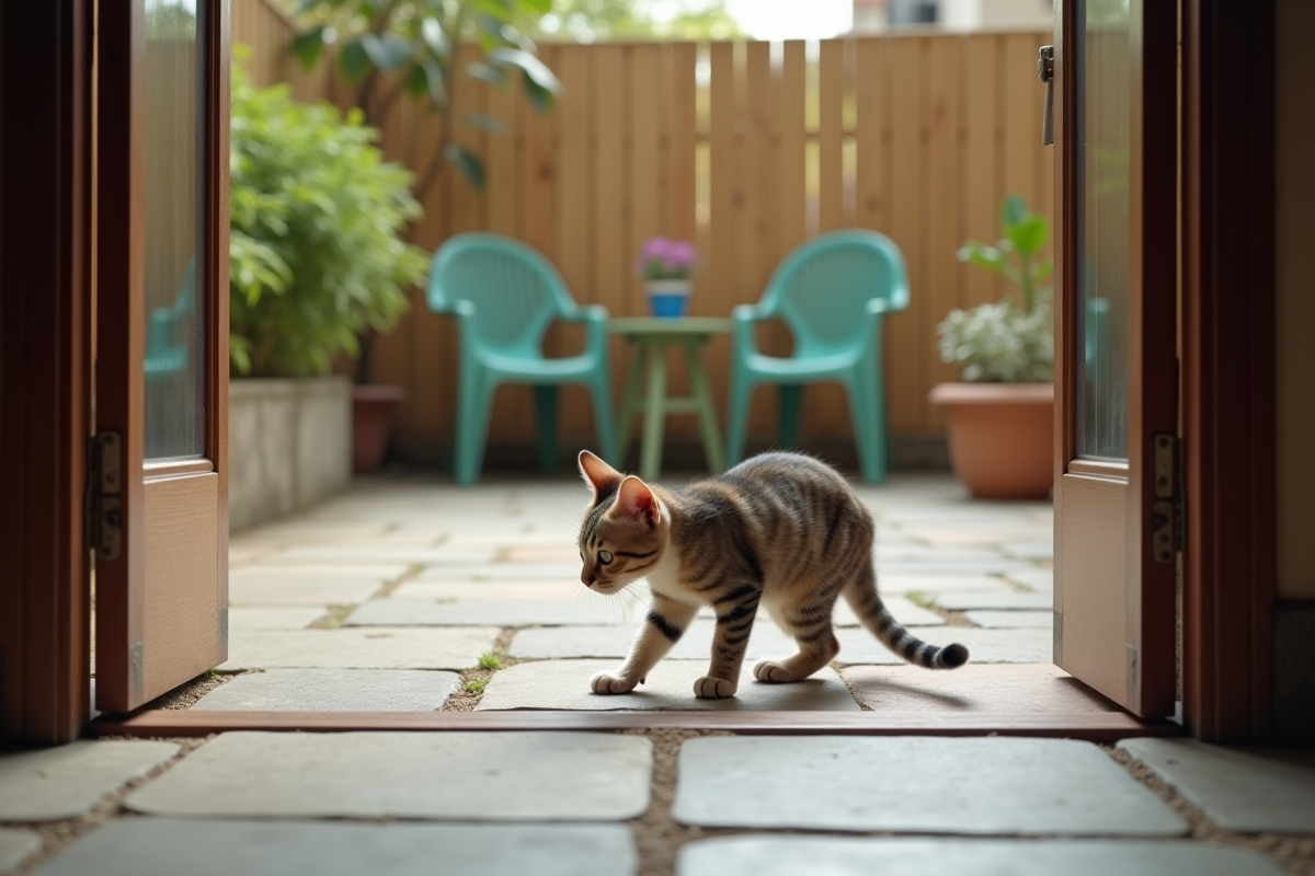 Chat tacheté explorant le patio extérieur