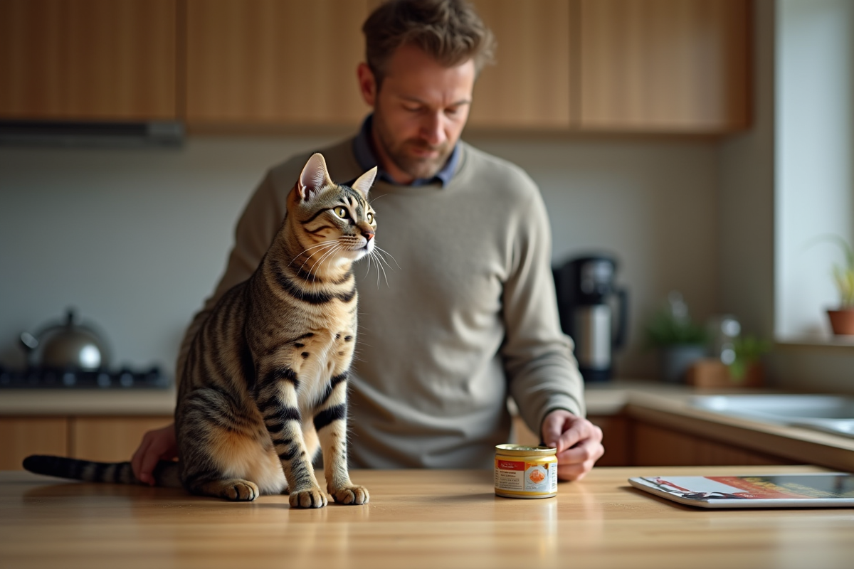 Chat tabby regardant un homme ouvrant une conserve de pâté