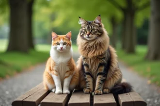 Mâle adulte Maine cohabitant avec un chat sibérien dans un parc