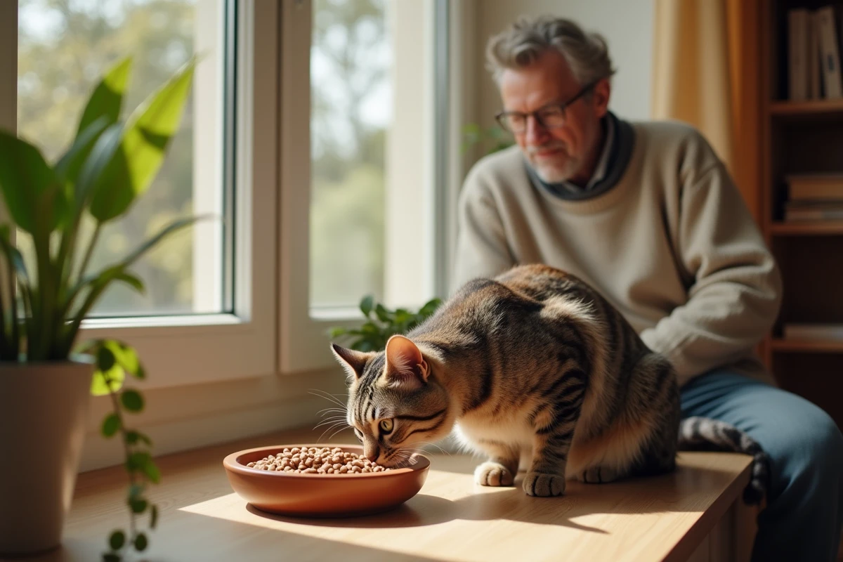 Chat adolescent reniflant sa nourriture près d