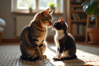 Chat adulte tabby et chaton noir et blanc se saluant