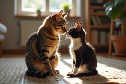 Chat adulte tabby et chaton noir et blanc se saluant