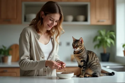 Chat tabby sur le plan de travail en cuisine en train de manger