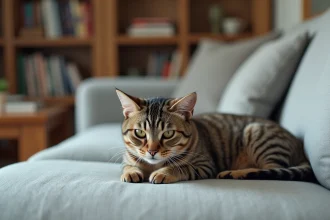Chat tigré couché sur un canapé gris avec une posture nauséeuse, bouche légèrement ouverte, illustrant les symptômes de vomissement de mousse chez le chat