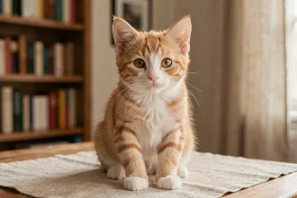 Chaton tigré de 3 mois aux yeux ambrés assis sur une table en bois dans un appartement cosy à Rennes