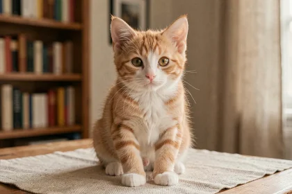 Chaton tigré de 3 mois aux yeux ambrés assis sur une table en bois dans un appartement cosy à Rennes