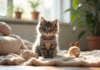 Chaton angora gris dans un salon ensoleille