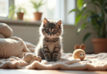 Chaton angora gris dans un salon ensoleille