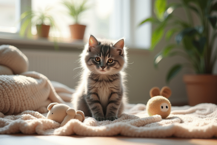 Chaton angora gris dans un salon ensoleille