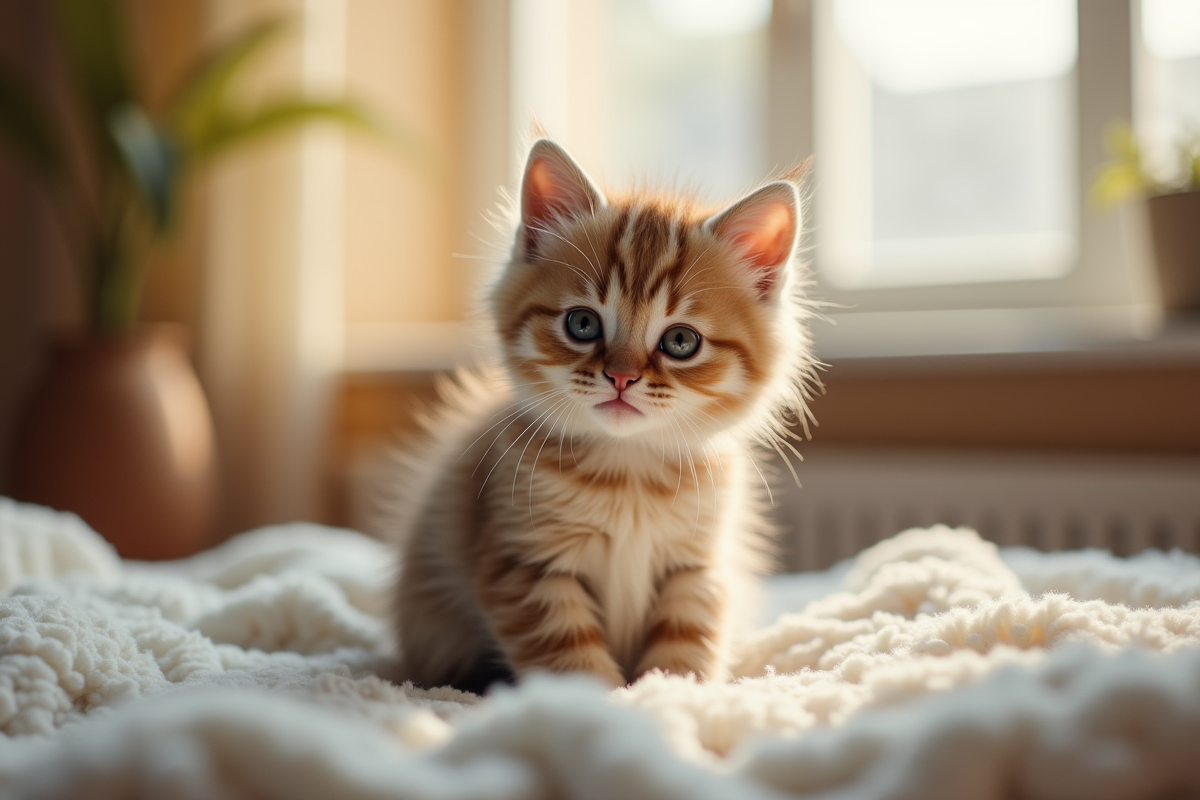 Jeune chaton assis sur une couverture près d