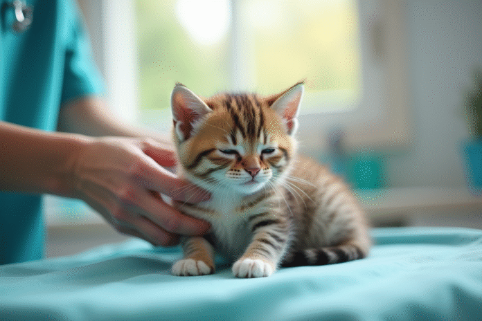Chaton reposant sur une table de vétérinaire avec lumière naturelle