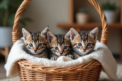Trois chatons tigrés dans un panier en osier, à adopter près de Toulon