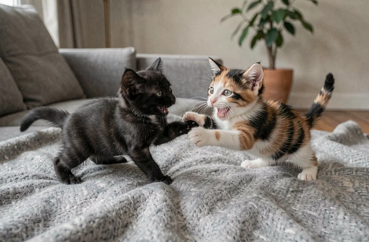 Deux chatons de 3 mois, un noir et un calico, jouant ensemble sur un canapé recouvert d'un plaid gris dans un intérieur français