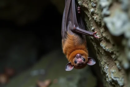 Chauve-souris perchée sur une paroi rocheuse de grotte, symbolisant le rêve et la spiritualité