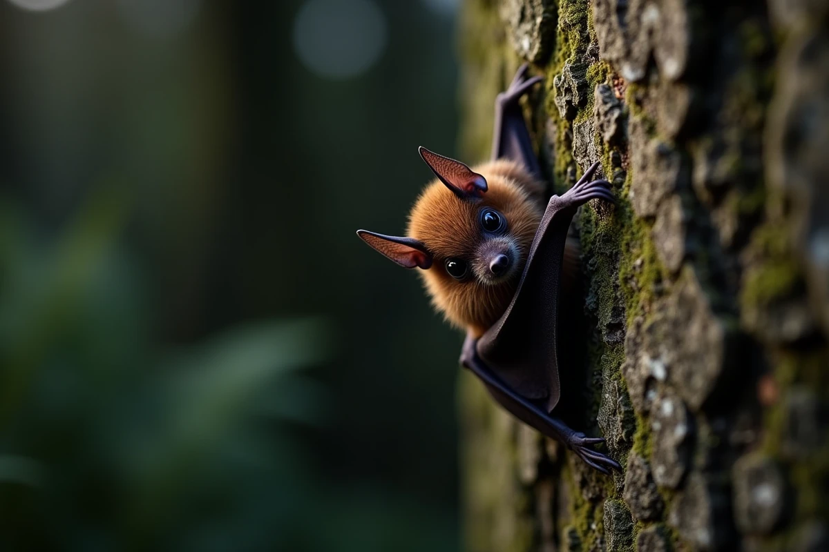 Petite chauve-souris pipistrel accrochée à l'écorce rugueuse d'un vieux chêne en forêt au crépuscule, ailes repliées, texture de la membrane visible en gros plan