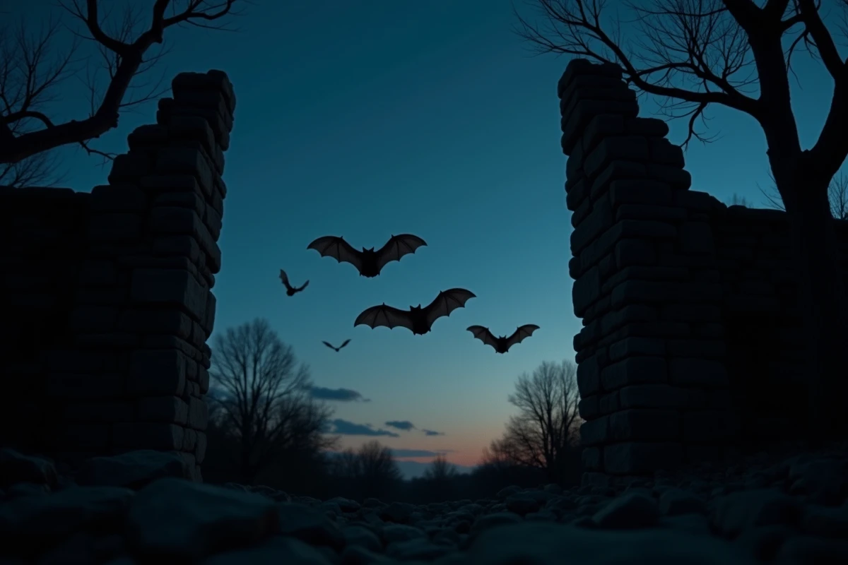 Silhouettes de chauves-souris s'envolant d'une ruine au crépuscule, signification spirituelle et symbolique