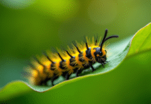 Chenille jaune et noire sur une feuille verte lumineuse