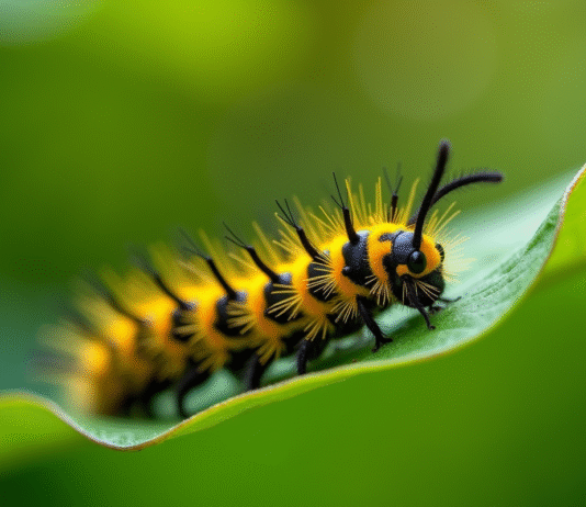 Chenille jaune et noire sur une feuille verte lumineuse
