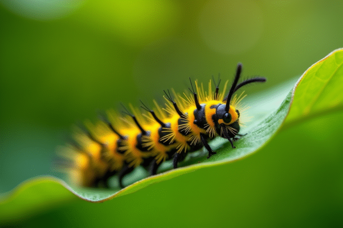 Chenille jaune et noire sur une feuille verte lumineuse