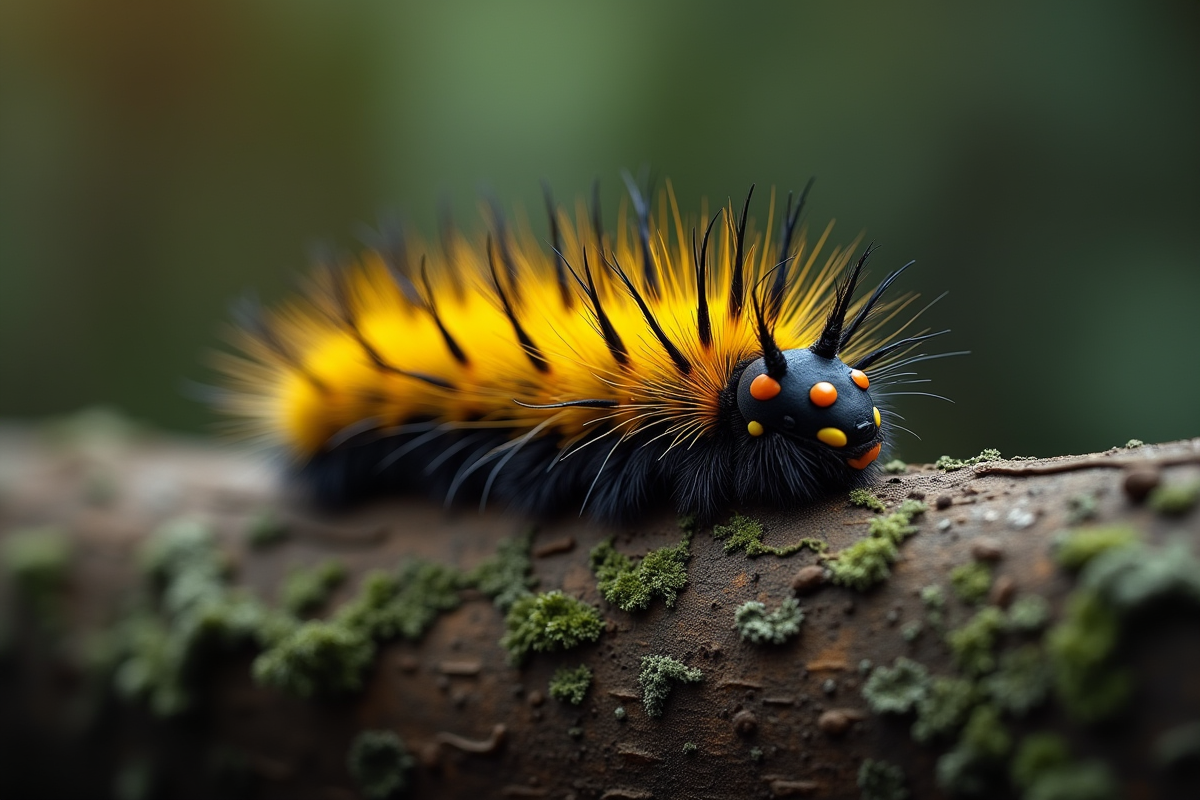 Chenille jaune et noire sur l