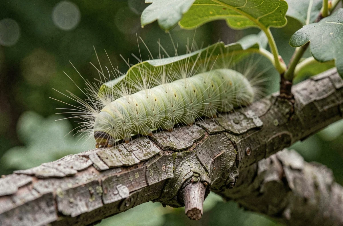 Chenille urticante processionnaire se déplaçant sur une branche de chêne dans un jardin naturel
