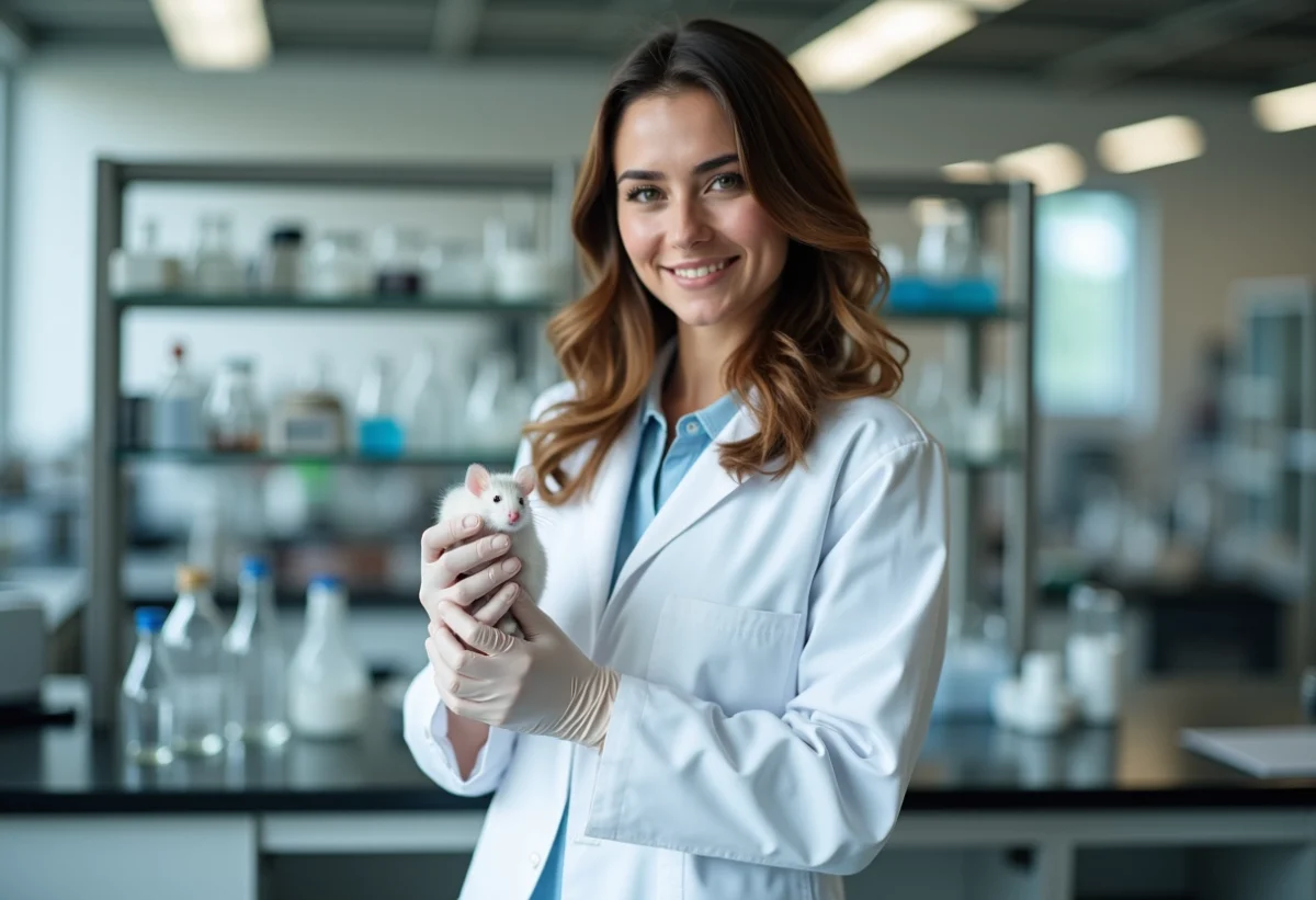 Chercheuse en laboratoire manipulant une souris blanche