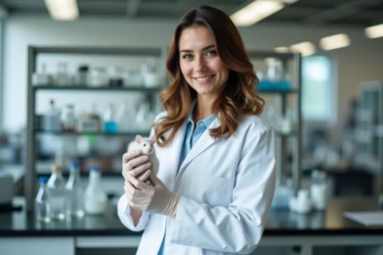 Chercheuse en laboratoire manipulant une souris blanche