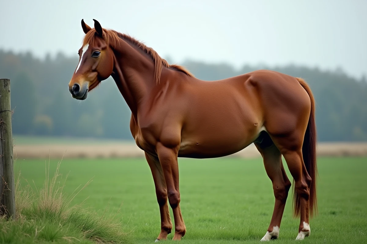 Cheval âgé dans un pré montrant des signes de mal-être, espérance de vie et santé du cheval
