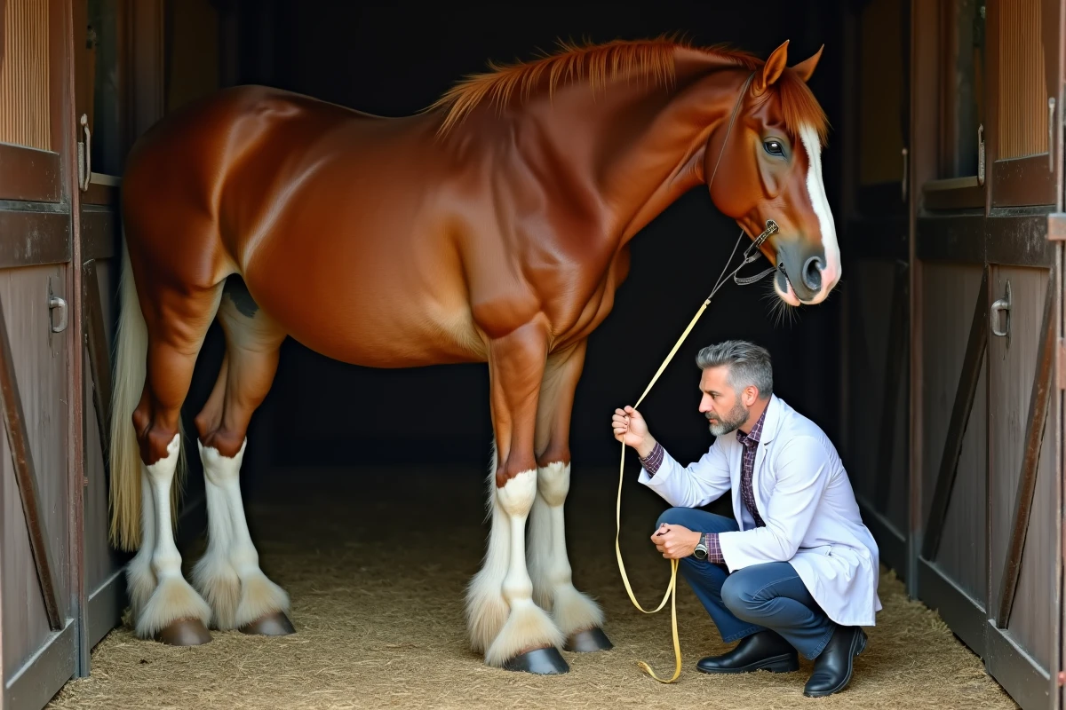 Vétérinaire mesurant les membres d'un cheval Clydesdale géant dans une écurie en bois, dans le cadre d'un bilan médical approfondi
