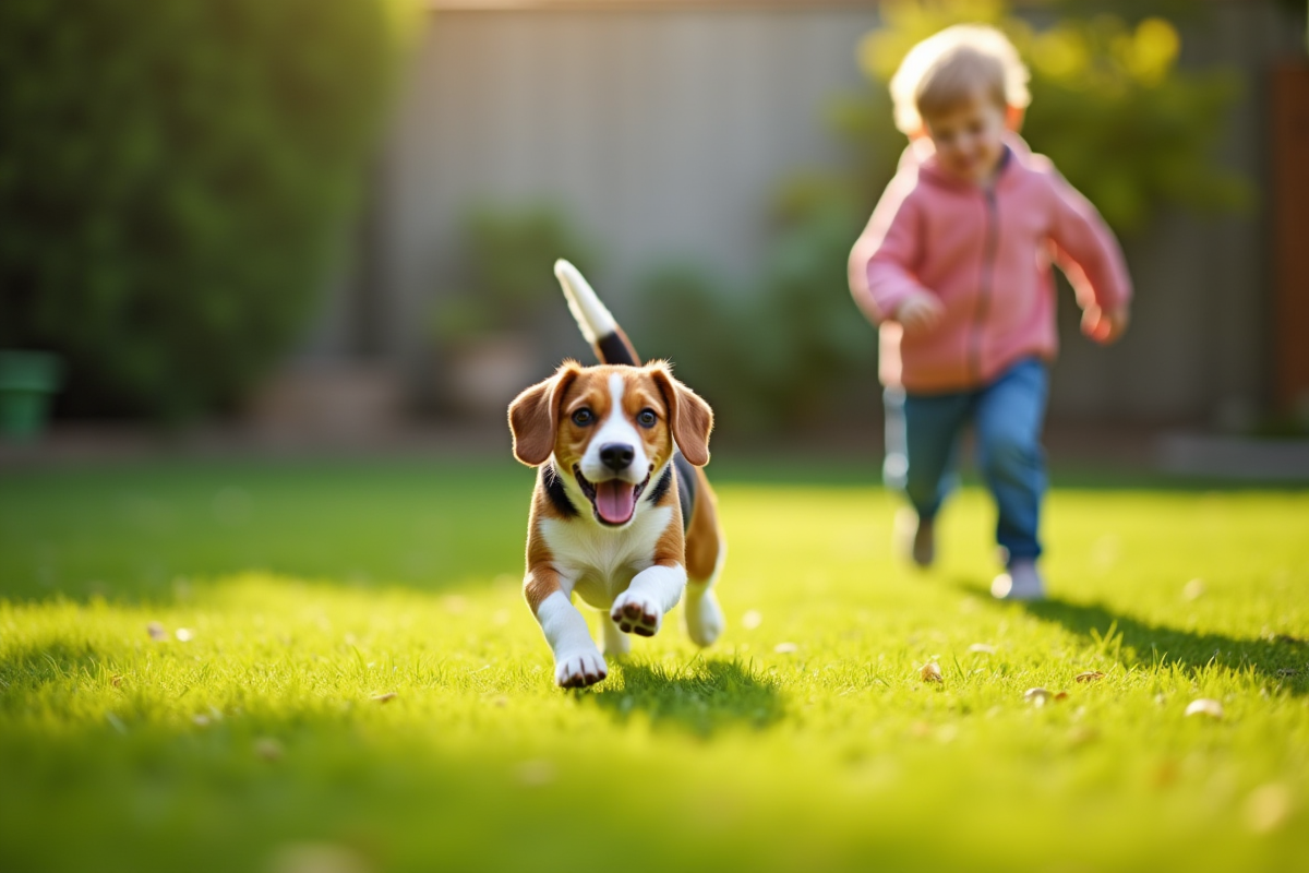 Beagle courant avec un enfant dans un jardin ensoleille
