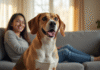 Beagle souriant assis sur un canapé dans un salon lumineux