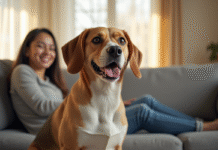 Beagle souriant assis sur un canapé dans un salon lumineux