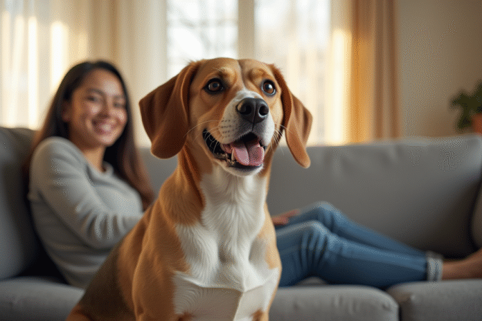 Beagle souriant assis sur un canapé dans un salon lumineux